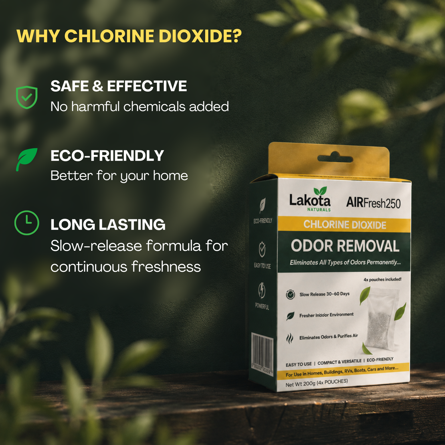 AIRFRESH250 - SLOW RELEASE CHLORINE DIOXIDE AIR PURIFING POUCH - 4 POUCHES