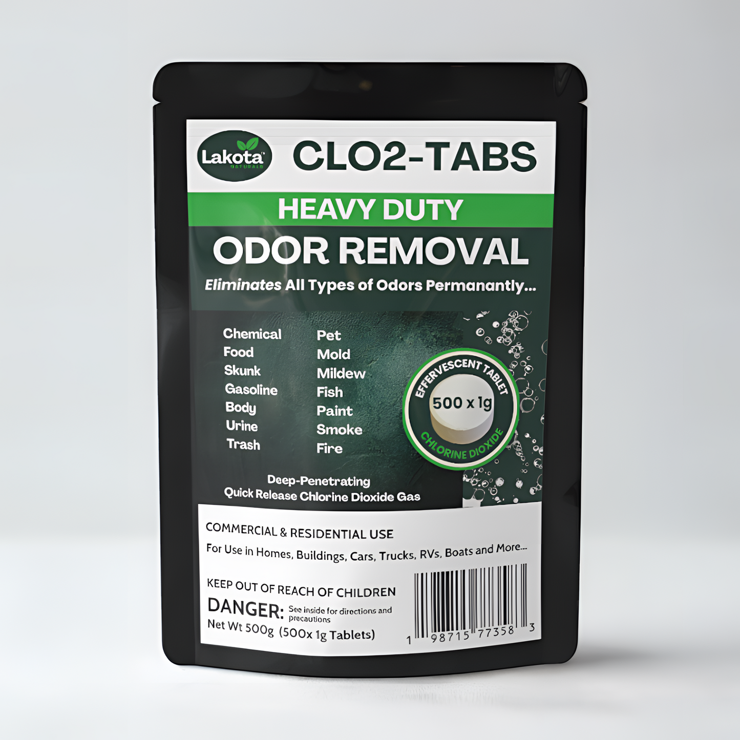 HEAVY DUTY ODOR REMOVAL CHLORINE DIOXIDE TABLETS - 500 x 1G (1.1 LB)