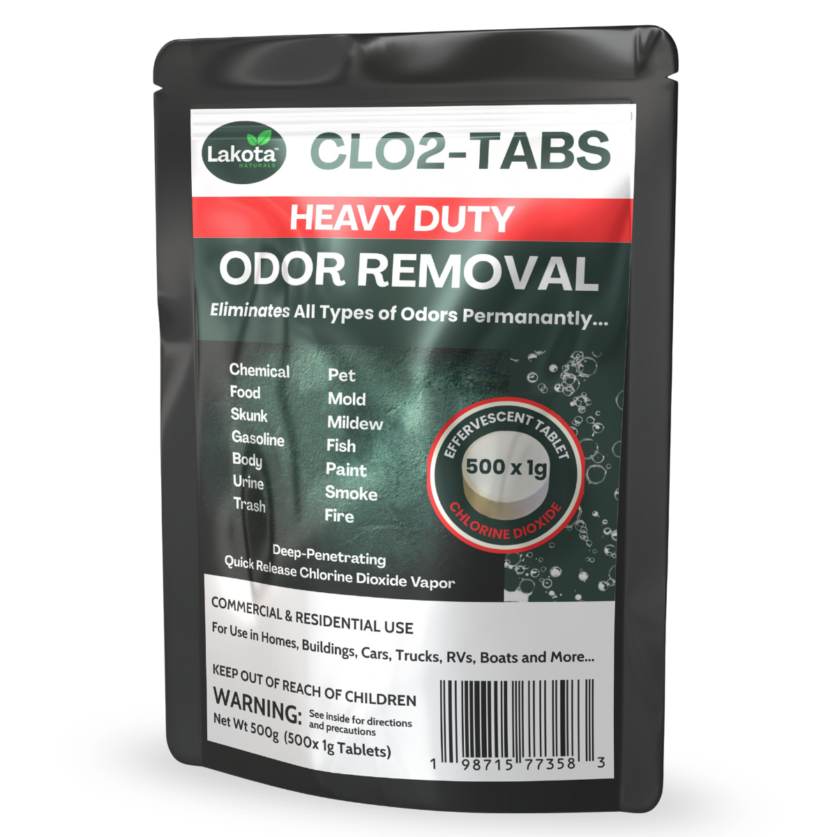HEAVY DUTY ODOR REMOVAL CHLORINE DIOXIDE TABLETS - 500 x 1G (1.1 LB)